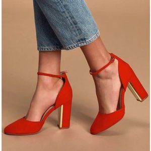 Laura Red Suede Ankle Strap Heels
